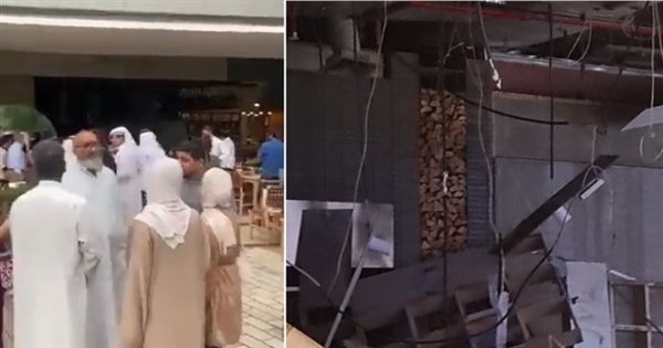 انهيار سقف مطعم على رؤوس الزبائن في أشهر مركز تجاري بالكويت (فيديو)